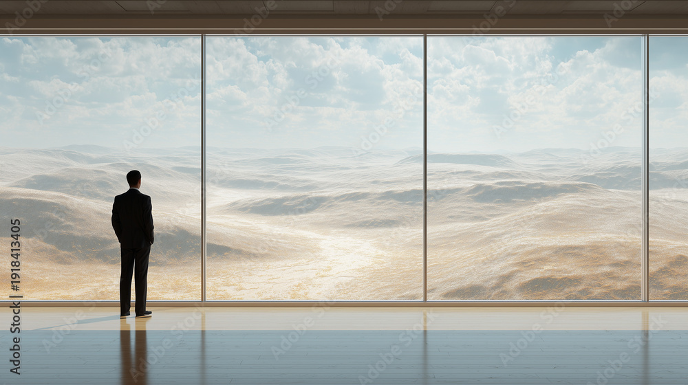 Fototapeta premium Visionary business leader standing in minimalist modern office looking at vast snowy landscape, corporate executive analyzing global environmental trends and future climate strategy