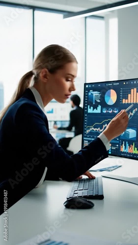 Professional woman analyzing financial data on computer in modern office