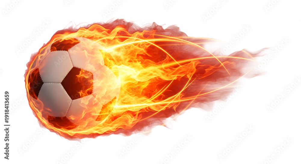 Naklejka premium Fiery Football: Capturing the dynamic energy and intense heat of a soccer ball ablaze with fire, hurtling through the air in a display of power and velocity.