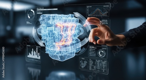 Close up of hand manipulating a 3D engine model to analyze automotive mechanics and engineering designs.