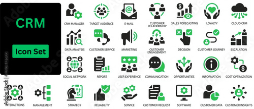 Silhouette vector of CRM icon set. Icons of customer relationship management, leads, pipeline, analytics, automation, dashboard, retention, support, marketing, integration. Solid icons set. 