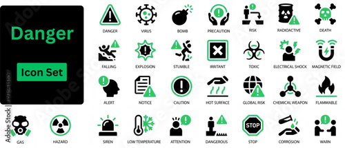 Silhouette vector of Danger icon set. Icons of Caution, danger, risk triangle, Flammable, toxic, radioactive, voltage, slippery, corrosive, alert and more. Solid icons set. 
