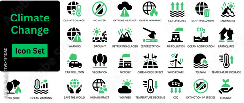 Silhouette vector of Climate Change icon set. Icons of climate change, weather, and natural disasters. Solid icons set. 