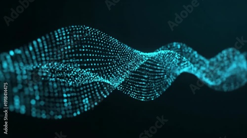 A wavy digital waveform composed of small particles, flowing horizontally across a dark background, viewed from a straight-on perspective