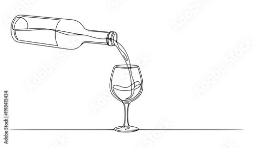 Continuous line wine bottle pouring into glass vector art