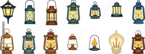 Vintage lantern and oil lamp collection with glowing light, retro camping and street light vector set