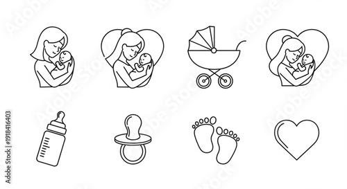 Baby care icons with mothers stroller bottle pacifier feet and heart symbols
