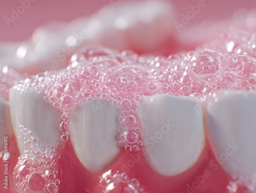 A close-up of white teeth with pink foamy bubbles, representing dental hygiene and oral care. The image captures the importance of maintaining healthy teeth and gums.