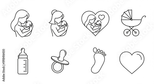 Motherhood icons set with baby care symbols and heart shapes