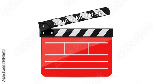 Red film clapperboard with black striped slate on white background