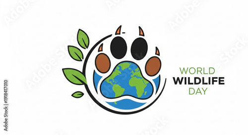 World wildlife day logo with paw print and globe