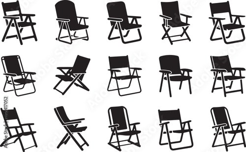 Assortment of black folding chair silhouettes in different positions on a white background outdoor chair