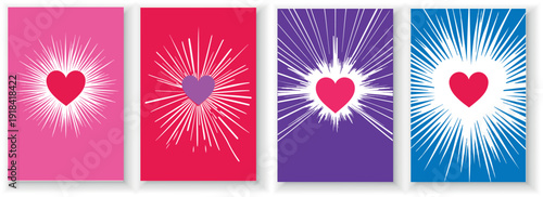 Vibrant Radiating Heart Burst Color Variations, Four Vibrant Heart Sunburst Greeting Card Cover Templates.