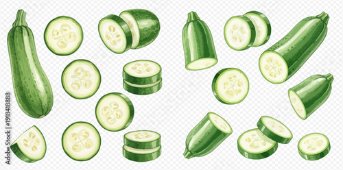 Fresh green zucchini and sliced pieces, healthy vegetable collection on transparent background.