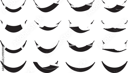 Collection of black hammock silhouettes in various states of tension and shape on a white background