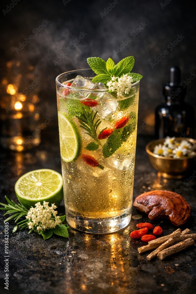 Fototapeta premium Refreshing herbal cocktail with lime and mint on dark background