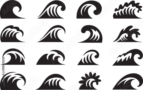 Collection of black silhouette ocean wave icons and symbols on a white background water surf