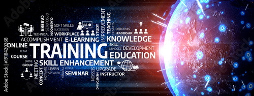 Foto Vibrant visual that highlights key concepts of training and skill enhancement in education, emphasizing online learning and professional development in a digital context
