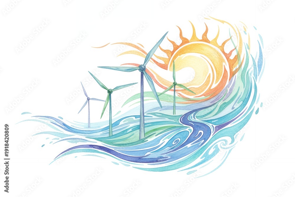 Obraz premium Wind turbines solar energy water waves form green energy clean energy illustration. Renewable energy environmental protection power generation energy concept sustainable future ecological concept.