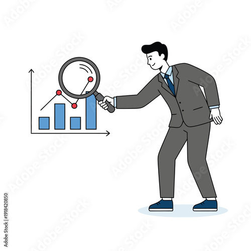 Data analysis and auditing concept. Professional character searching for details, trends, or errors in business statistics using minimalist flat design style.