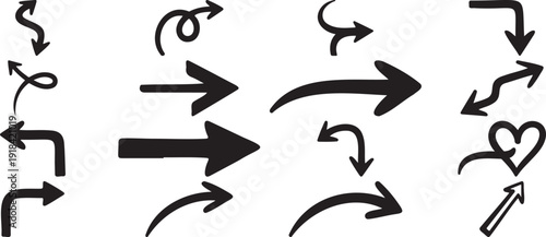 Collection of various hand drawn black arrow icons pointing different directions on transparent background