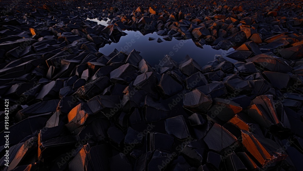 Fototapeta premium Dark Volcanic Rocks with Reflecting Water at Sunset