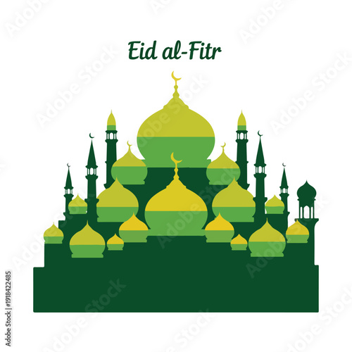 Mosque Illustration with Domes and Minarets Eid.
