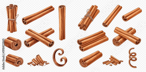Set of cinnamon sticks and curls, aromatic spice for cooking and baking, isolated on transparent background.