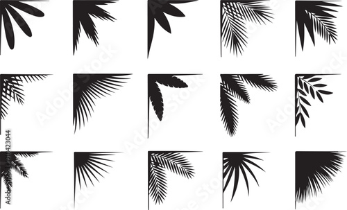 Collection of black silhouette tropical leaf and palm frond corner accents on a white background vector