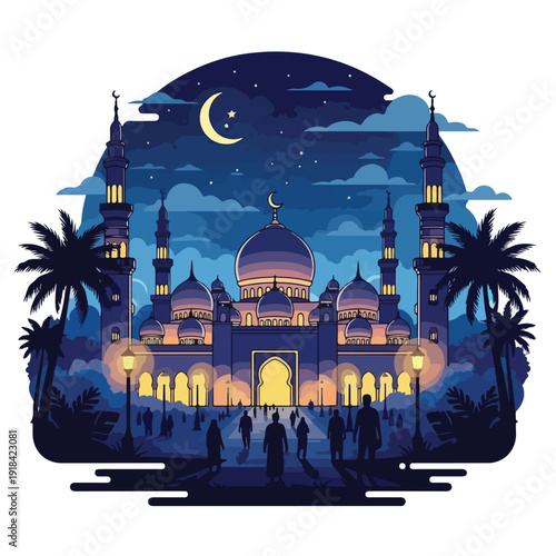 Mosque Silhouette with Crescent Moon Night Scene.