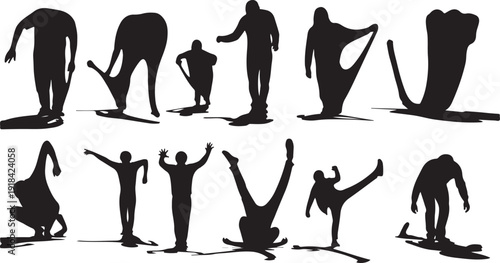 Silhouettes of people in various yoga poses and stretches