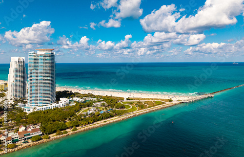 Aerial view of Miami Beach skyline. Drone shot of Miami cityscape.