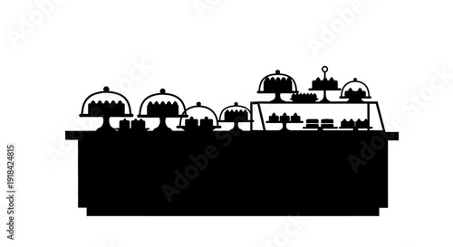 A silhouette of a bakery display counter filled with various cakes and pastries under glass domes, perfect for food service or confectionery themes