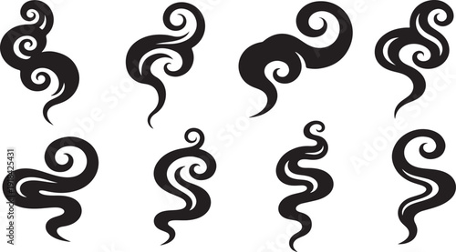 Set of black swirly abstract shapes on white background
