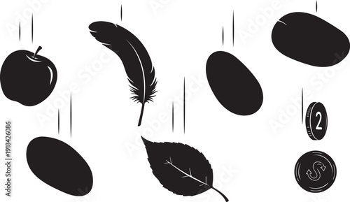 Falling objects and leaves in a simple black illustration