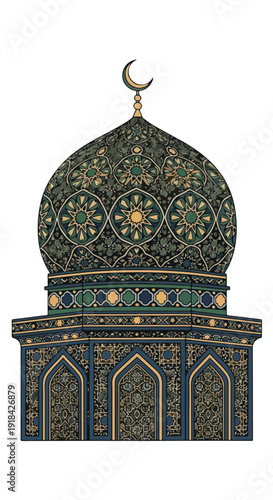 Ornate Dome with Crescent Moon Islamic Architecture.