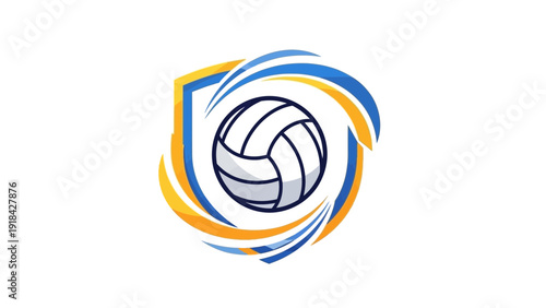 A stylized logo featuring a volleyball inside a shield with swirling blue and yellow accents, representing sports or a team.