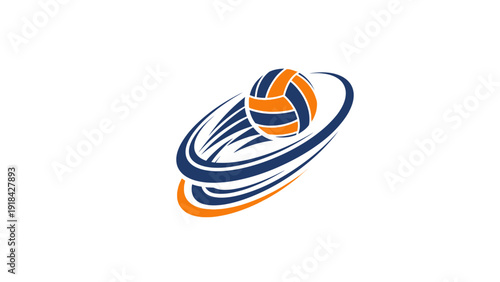 Dynamic volleyball logo with a ball in motion and swirling lines.