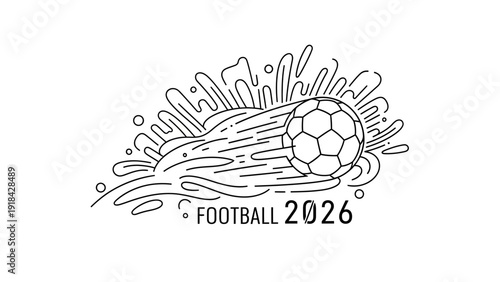Dynamic illustration of a soccer ball in motion, with water splashes and the text "FOOTBALL 2026".