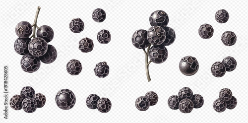 Black pepper peppercorns isolated on a transparent background, perfect for culinary and spice-related designs.