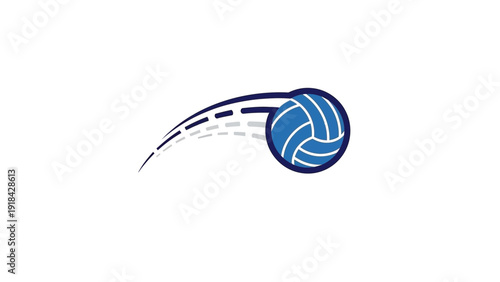 A dynamic illustration of a blue volleyball in motion, leaving a dashed trail behind it.