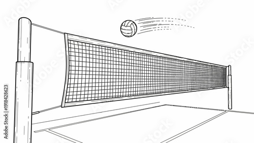 A black and white illustration of a volleyball net with a ball in mid-air over the court.