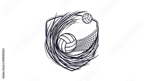 Dynamic illustration of a volleyball emblem with two balls and a net.