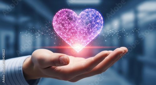 Hand holding a floating digital heart icon to represent social media engagement and positive brand sentiment analysis.
