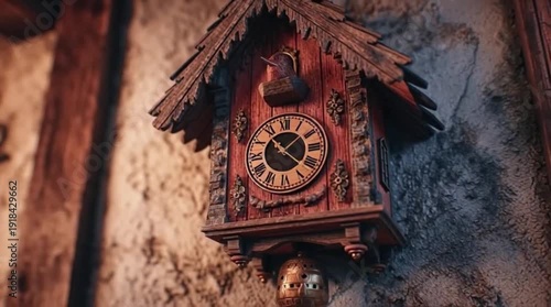 An antique cuckoo clock with a pendulum face hangs on the weathered wall of an old wooden house beside a vintage door, capturing a moment of ancient architecture and retro city time
