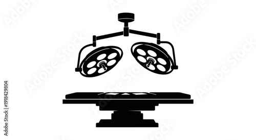 Clean silhouette icon of a sterile operating room environment featuring a surgical table and overhead medical lights, perfect for healthcare design and hospital services branding
