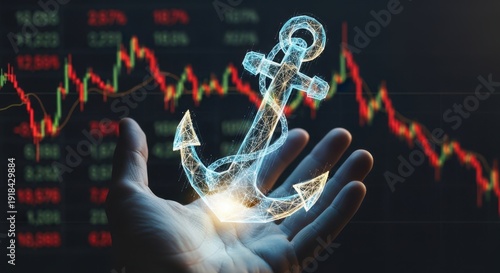 Hand holding a virtual anchor, representing stability and secure investments in a volatile market.