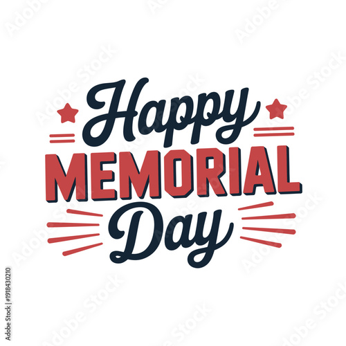 Happy Memorial Day graphic with red and blue lettering and stars.