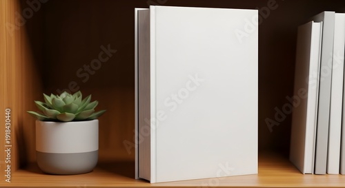 Blank white hardcover book mockup standing upright on a wooden shelf next to a small potted succulent plant for realistic presentation design
