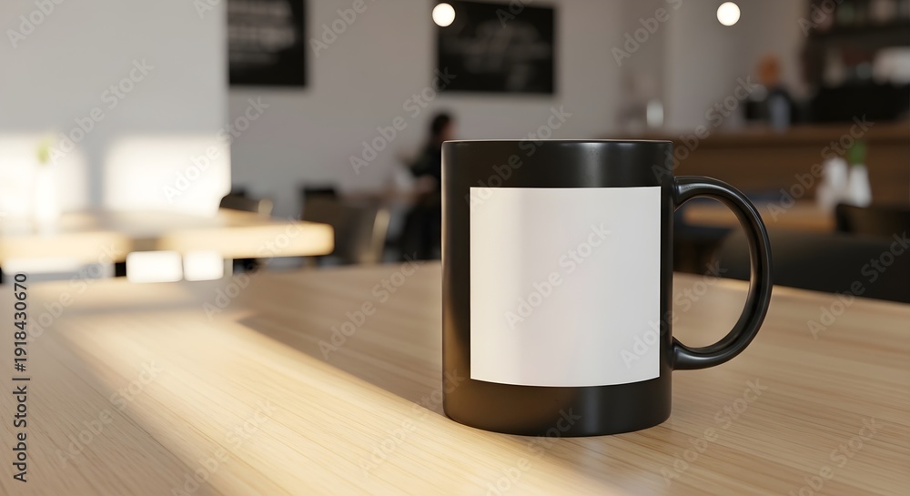 Fototapeta premium Black ceramic coffee mug mockup with blank white label ready for branding or custom design placed on a light wooden table inside a cafe setting